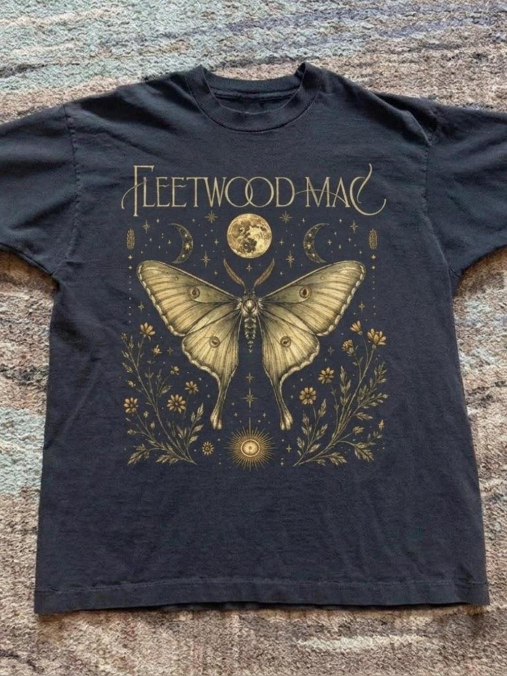Gildan Black Fleetwood Mac Tee with Gold Moth Graphic